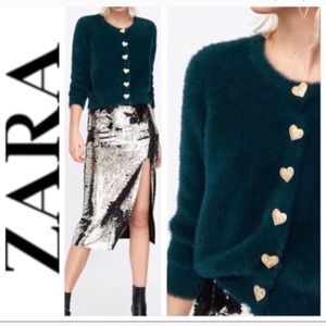 Zara Fuzzy knit Cardigan with heart shaped buttons with crystals S RARE